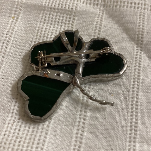 Green Glass Stain Glass Clover Brooch Pendant Necklace - Picture 2 of 3